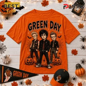 Green Day Life Is Scary Without Orange Halloween T-Shirt 1 Green Day Life Is Scary Without Orange Halloween T-Shirt featuring cartoon band members, pumpkins, and black spiderwebs.