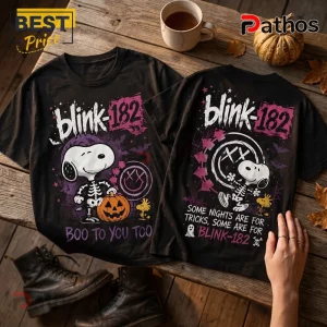 Blink-182 x Snoopy Skeleton Halloween black t-shirt featuring pop-punk band logos and characters on a wooden background.