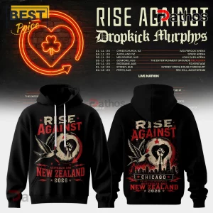 Black Rise Against and Dropkick Murphys tour hoodie featuring a bird, a fist, and 2026 Australia and New Zealand text.!