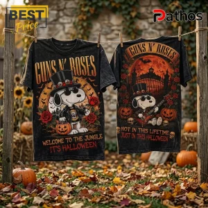 Guns N Roses x Snoopy Welcome To The Jungle T-Shirt featuring Snoopy in a top hat with roses and pumpkins on black tees.