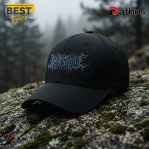 Lorna Shore 2026 Australia Tour Black Cap 1 Black baseball cap featuring an embroidered grey death metal band logo sitting on a mossy rock in a foggy forest.!