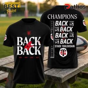 Black Stade Toulousain rugby t-shirt featuring BACK TO BACK text, team logos, and the years 2023 through 2026.!