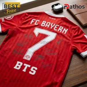 BTS x Bayern Munich Arirang Red Football Jersey 2 Red FC Bayern Munich soccer jersey with white text FC BAYERN, number 7, and BTS on back plus multiple player signatures.!