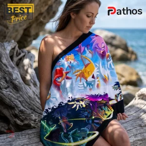 Sonic The Hedgehog 35th Anniversary Beach Towel 1 Woman wearing a Sonic the Hedgehog character beach towel with Tails and Amy print sitting on driftwood at the beach.!