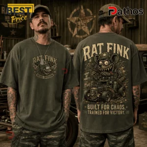 Olive green graphic t-shirt featuring Rat Fink character in military gear driving a hot rod with Army of Misfits sign.!