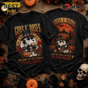 Guns N Roses x Snoopy Welcome To The Jungle T-Shirt featuring Snoopy in a top hat with roses, pumpkins, and spooky text.