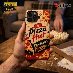 Pizza Hut branded iPhone case with pepperoni pizza slices and text reading Pizza Night Forever on a cream background.!