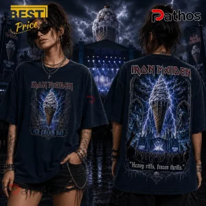 Black vintage-wash Iron Maiden Ice Cream Day graphic t-shirt featuring Eddie over a storm-lit concert stage background.!