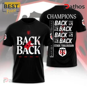 Black Stade Toulousain rugby t-shirt featuring BACK 4 BACK text, championship years 2023-2026, and team logos.!