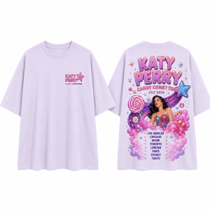 Katy Perry Candy Comet Tour 2026 Pink Shirt 4 Light purple cotton t-shirt with Katy Perry Candy Comet Tour graphics on front left chest and full back print.!