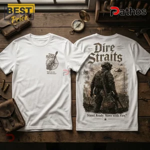 Dire Straits Military Theme White T-Shirt 2 White t-shirt showing Dire Straits graphic on front chest and back, featuring a soldier with a guitar and text.!