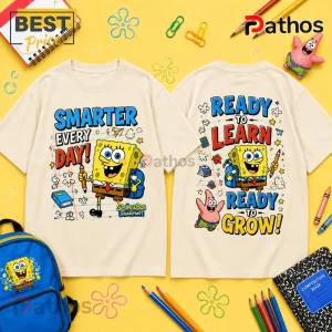SpongeBob SquarePants Back to School Cream T-Shirt featuring graphic prints of SpongeBob and Patrick with school supplies.