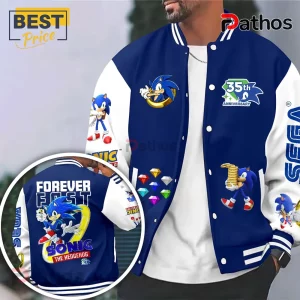 Blue and white Sonic the Hedgehog varsity jacket with 35th anniversary graphics, Chaos Emeralds, and Sega logo branding.!