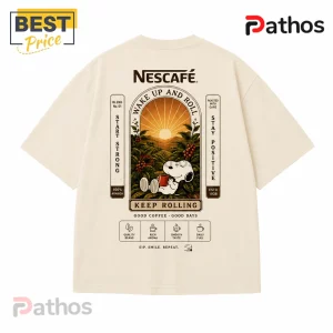 Nescafe x Snoopy Wake Up and Roll Cream T-Shirt 3 Beige oversized cotton t-shirt with Nescafé graphic of Snoopy in a coffee field with text Wake Up And Roll.!