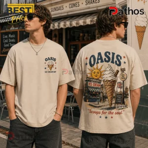 Cream colored oversized t-shirt featuring Oasis ice cream shop graphic with a sun and soft serve cone illustration.!