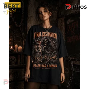 Final Destination The Death List Horror Movie T-Shirt 3 Black oversized t-shirt featuring a Final Destination graphic with a grim reaper, clock, and burning car illustration.!