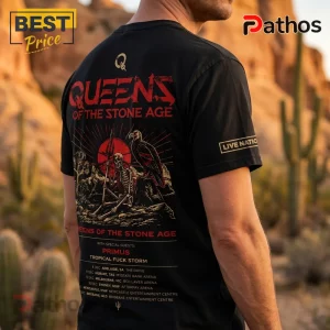 Black Queens of the Stone Age concert tour t-shirt with red and yellow skeleton and vulture graphic on the back.!