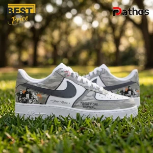 Custom gray camouflage sneaker with Treaty Oak Revival print, dark swoosh, and personal text space on white rubber sole.!