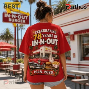 Red graphic t-shirt featuring In-N-Out Burger restaurant illustration, a vintage car, fries, burger, and 78 years text.!