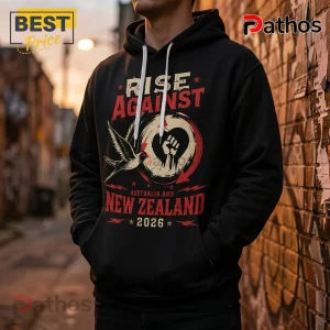 Black cotton hooded sweatshirt featuring Rise Against Australia and New Zealand 2026 tour graphic with a bird and fist.!
