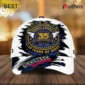 Sonic the Hedgehog 35th Anniversary white baseball cap with a blue and gold emblem and 1991-2026 text on the front.!
