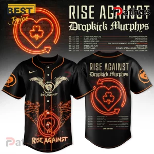 Rise Against and Dropkick Murphys concert baseball jersey featuring orange neon heart, shamrock, and tour dates on black.!