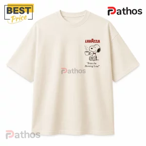 Off-white crewneck t-shirt featuring Snoopy drinking coffee with the text Lavazza and Brew the Morning Loud.!