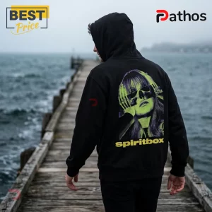 Spiritbox Tsunami Sea 2026 Vintage Black Hoodie 2 Man wearing black hoodie with lime green skull and woman graphic on back with yellow Spiritbox text, standing on pier.!