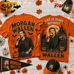 Morgan Wallen Spooky Season T-Shirt 2026 featuring orange fabric, gothic text, bats, pumpkins, and concert graphic art.
