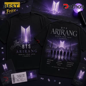 BTS Arirang World Tour 2026 Limited Edition T-Shirt 3 Black cotton t-shirts with purple BTS Arirang 2026 Europe tour graphics, city names, and silhouette band members.!