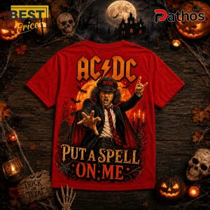 AC/DC Spooky Season Halloween Red T-Shirt 2 AC/DC Spooky Season Halloween red t-shirt featuring Angus Young in a vampire costume with bats and a full moon graphic.
