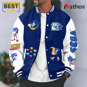 Blue and white varsity bomber jacket featuring Sonic the Hedgehog graphics, 35th anniversary logo, and Sega branding.!