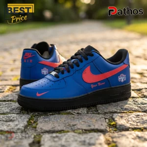 Custom Nike Air Force 1 sneakers in blue leather with red swooshes, black laces, black midsoles, and personalized text.!