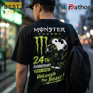 Monster Energy x Snoopy Neon Black 24th Anniversary T-Shirt 2 Monster Energy x Snoopy Neon Black 24th Anniversary T-Shirt featuring a graphic of Snoopy holding a green energy drink.