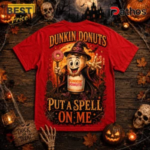 Dunkin Donuts Spooky Season Halloween T-Shirt 2 Dunkin Donuts Spooky Season Halloween T-Shirt featuring a coffee cup character in a witch hat on a red background.