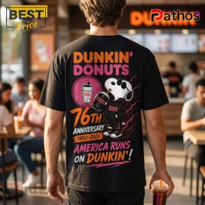 Dunkin Donuts Snoopy 76th Anniversary Black T-Shirt 3 Dunkin Donuts Snoopy 76th Anniversary Black T-Shirt featuring Snoopy holding a coffee cup with pink and orange graphics.