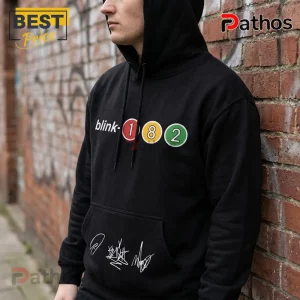 Blink-182 Take Off Your Pants and Jacket Black Hoodie 3 Black cotton hoodie featuring Blink-182 band logo, colored number graphics, and white stylized signatures on the pocket.!