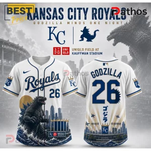 Kansas City Royals x Godzilla Minus One baseball jersey featuring blue team colors, stadium graphics, and monster imagery.
