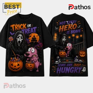 Ghostface x Courage the Cowardly Dog Halloween T-Shirt 2 Ghostface x Courage the Cowardly Dog Halloween T-Shirt featuring dual graphic prints on black cotton fabric.