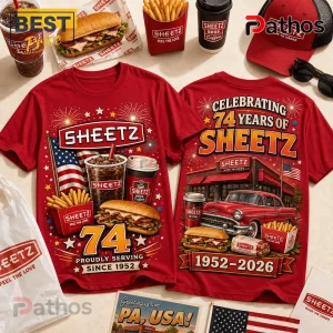 Red Sheetz 74th anniversary commemorative T-shirt featuring printed graphics of hot food, soda, fireworks, and a vintage car.!
