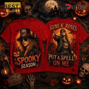 Guns N Roses Spooky Season red t-shirt front and back graphics featuring Slash, skulls, pumpkins, and gothic imagery.
