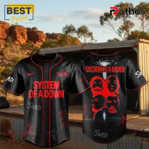 System Of A Down Faith No More Tour black baseball jersey featuring red band graphics, text, and space nebula patterns.