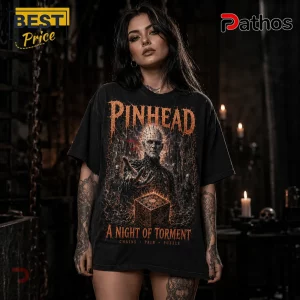 Pinhead Lament Configuration Horror Movie Black T-Shirt 3 Black oversized t-shirt featuring Hellraiser Pinhead graphic with Lament Configuration box and text A Night of Torment.!