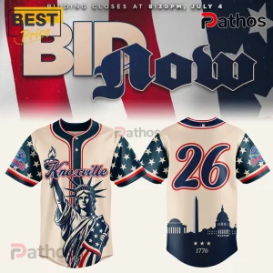 Knoxville Smokies baseball jersey with Statue of Liberty print, cream fabric, navy star sleeves, and number 26 on back.!