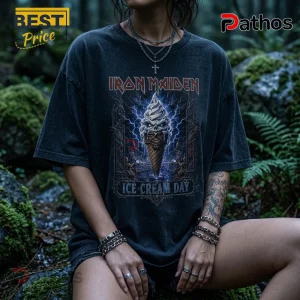 Iron Maiden Ice Cream Day Vintage Black T-Shirt 2 Black vintage-wash Iron Maiden t-shirt featuring a skull ice cream cone graphic with lightning and Ice Cream Day text.!