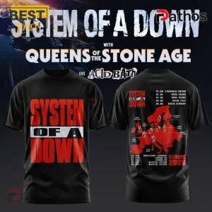Black t-shirt featuring System Of A Down concert tour dates for Europe 2026 with a red map graphic on the back.!