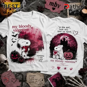 Snoopy My Bloody Valentine Horror Halloween T-Shirt featuring dark red graphics, pumpkins, and gothic text on white fabric.