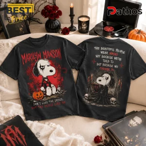 Marilyn Manson x Snoopy Gothic Halloween T-Shirt 3 Marilyn Manson x Snoopy Gothic Halloween T-Shirt with black cotton fabric, featuring character graphic and lyrics.