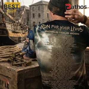 Iron Maiden World Tour 2026 Skeleton T-Shirt 3 Man wearing black shirt with Run For Your Lives 2026 World Tour print, skeleton pirate graphic, and stormy background.!