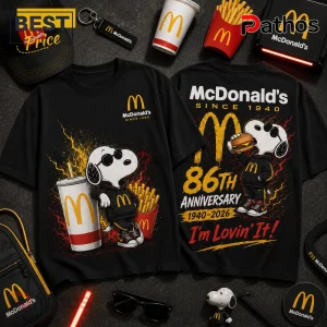 McDonalds Snoopy 86th Anniversary Black T-Shirt with graphic print of Snoopy with fries, burger, and golden arches logo.